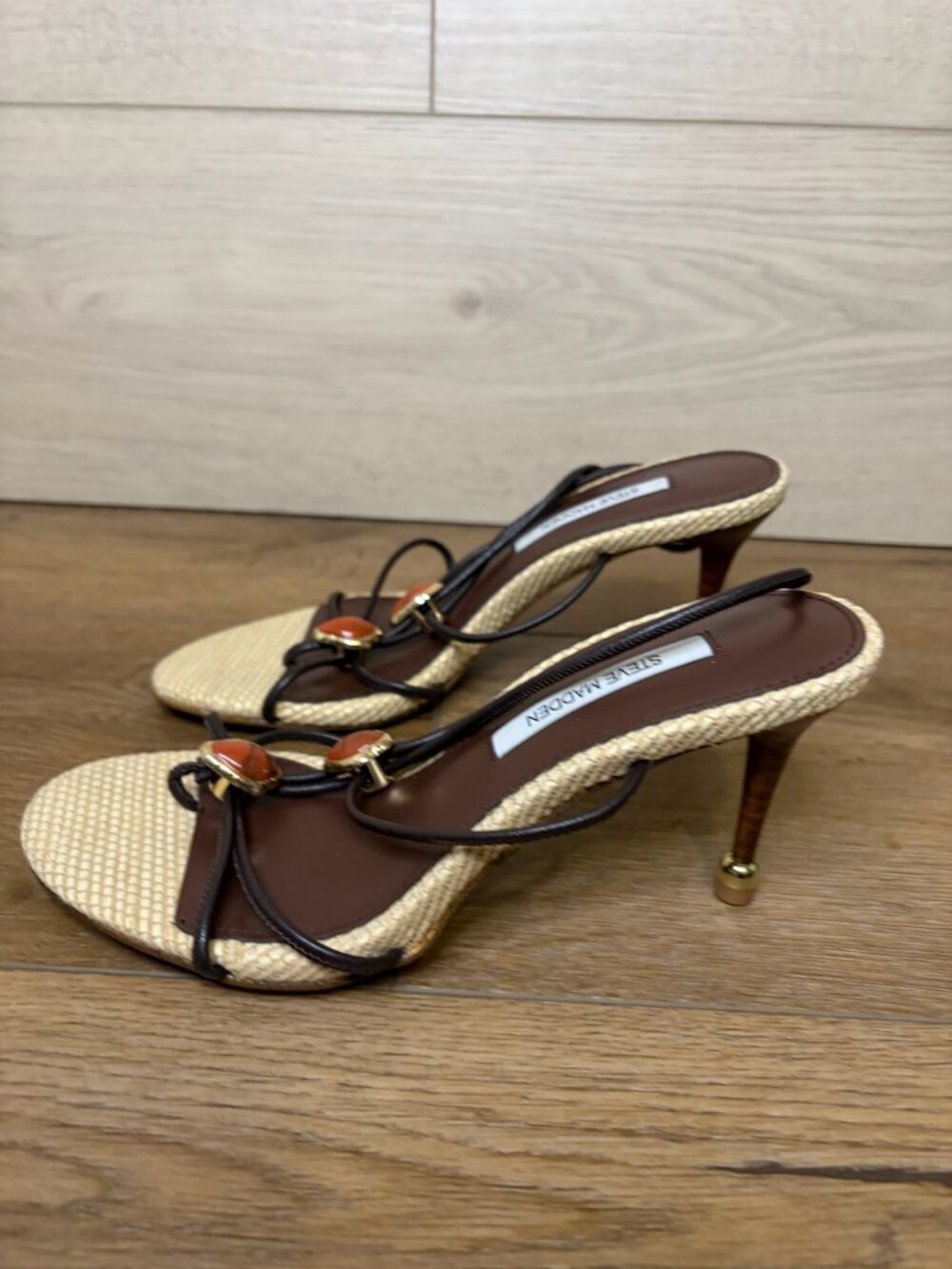 STEVE MADDEN Ramos Strappy Thong Heeled Sandals Brown Multi Stones Size 5.5 - Picture 3 of 8